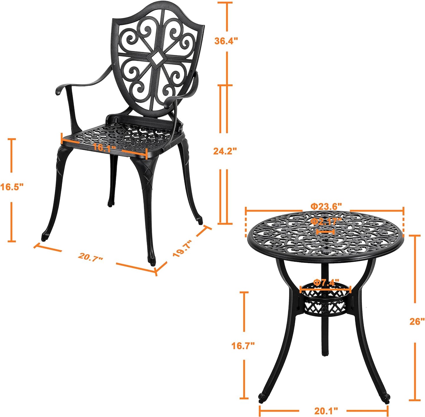 Nuu Garden Bistro Set 3 Piece Outdoor, Cast Aluminum Patio Bistro Sets with Umbrella Hole, Bistro Table and Chairs Set of 2 for Patio Backyard