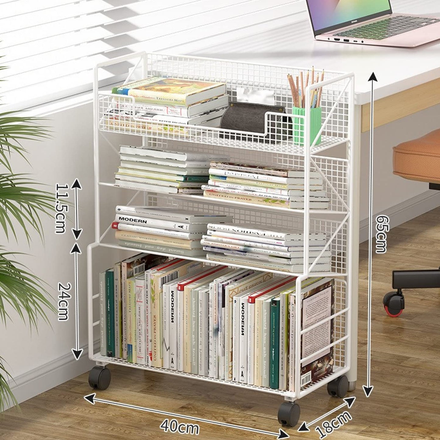 4-Tier Bookshelf with Wheel, Metal Book Storage Shelves Floor Standing Bookcase Grids Storage Books Holder Storage Rack Modular Bookshelf,Removable Book Rack for Office Home School (65×40×18CM)