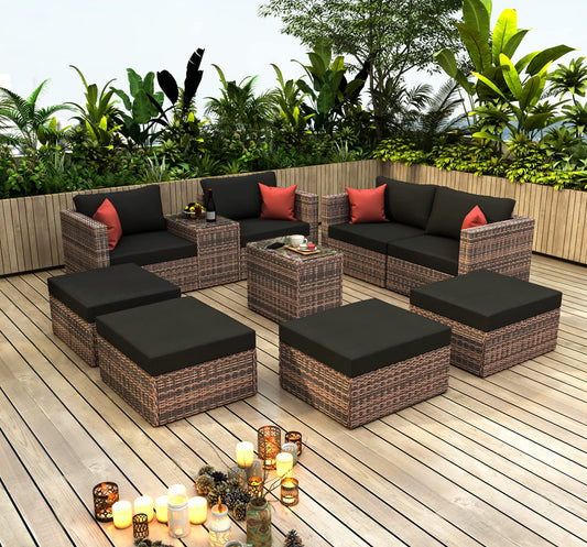 Goohome, Conversation Patio Set, 10 Pieces Wicker Outdoor Sectional Sofa with Black Cushions and Red Pillows,w/Furniture Protection Cover, for Backyard Lawn Garden, Brown