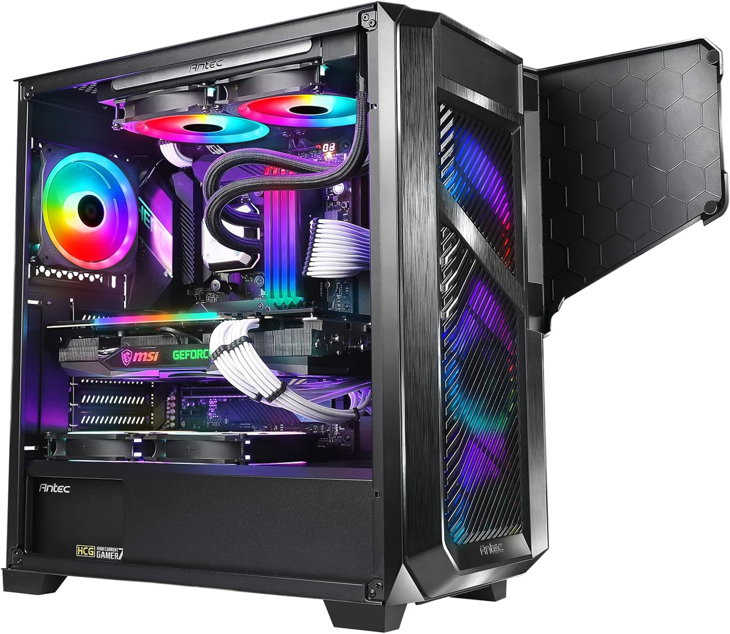 Antec Dark Phantom Dp502 Flux, Mid Tower Atx Gaming Case, Tempered Glass Side Panel, Swing Open Front Panel & Led Strips, F-Lux Platform, 3 X 120 Mm Argb, 1 X 120 Mm Reverse & 1 X 120 Mm Fans Included