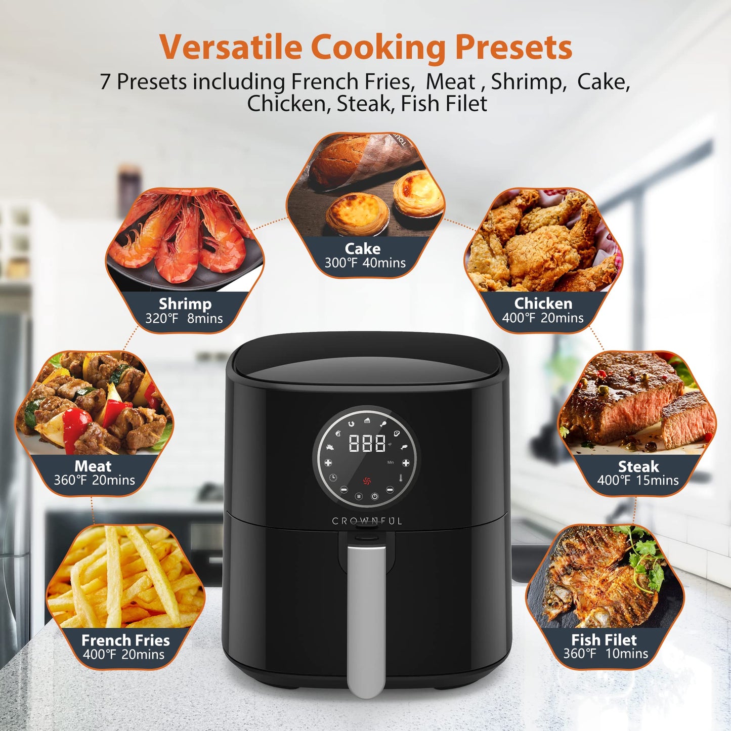 CROWNFUL Air Fryer 4.5L 1500W 220V Air Fryers 7 Presets and 53 Recipes, Temperature & Time Control, LCD Digital Touch Screen, Best for Frying, Grilling, Roasting, Baking, 1 year warranty