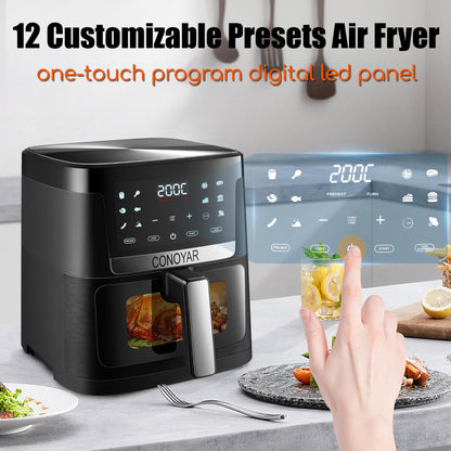 CONOYAR Air Fryer 7L with Window, stainless steel air fryer oven led touch screen for 12 presets, easy clean Airfryer for home of 4 with automatic shut off, oilless, ptfe free, dishwasher safe, 1800w