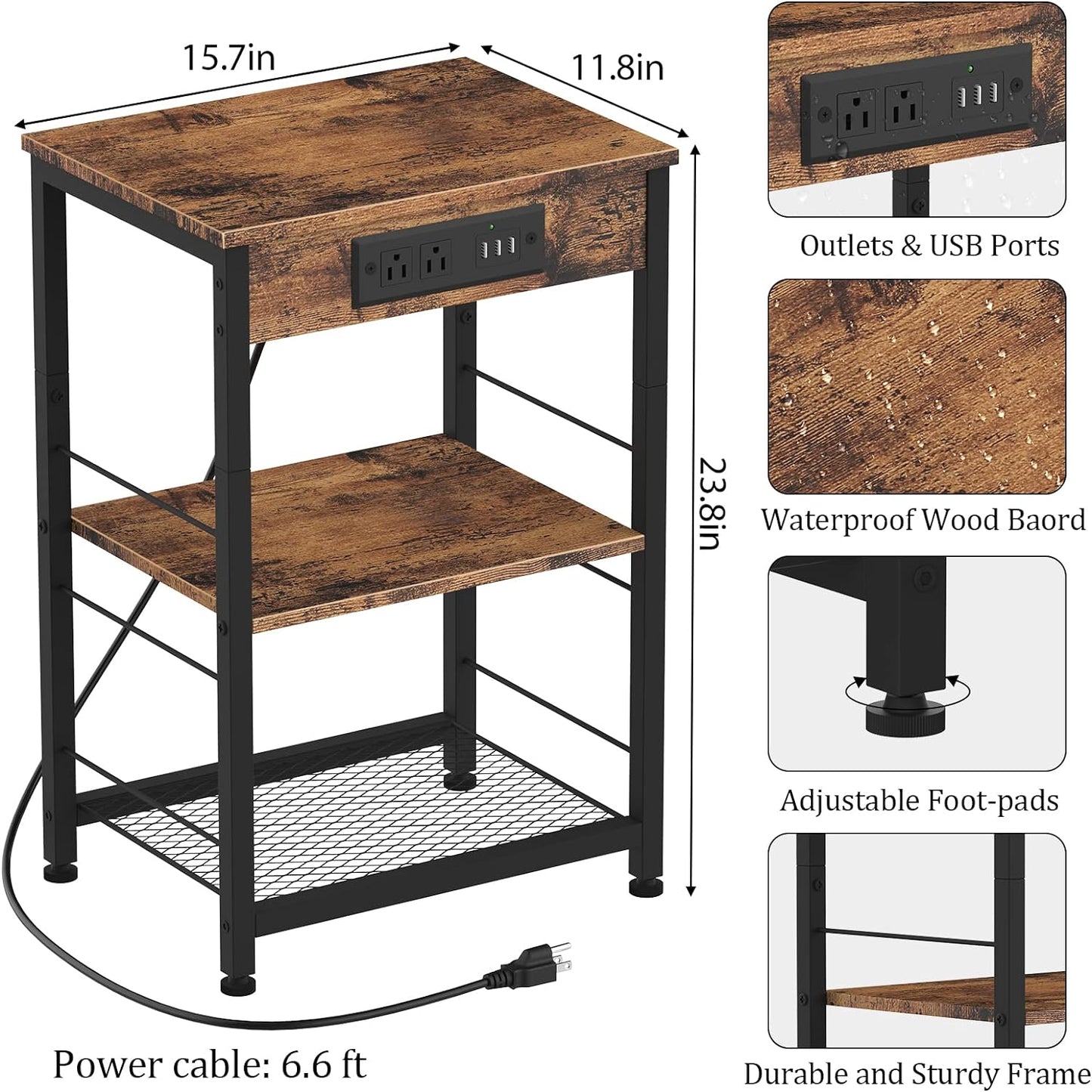 Nightstand with Charging Station End Table with USB Ports and Power Outlets Side Tables Bedroom with Storage Shelves Industrial End Table 3 Tier in Living Room Bedside, Brown