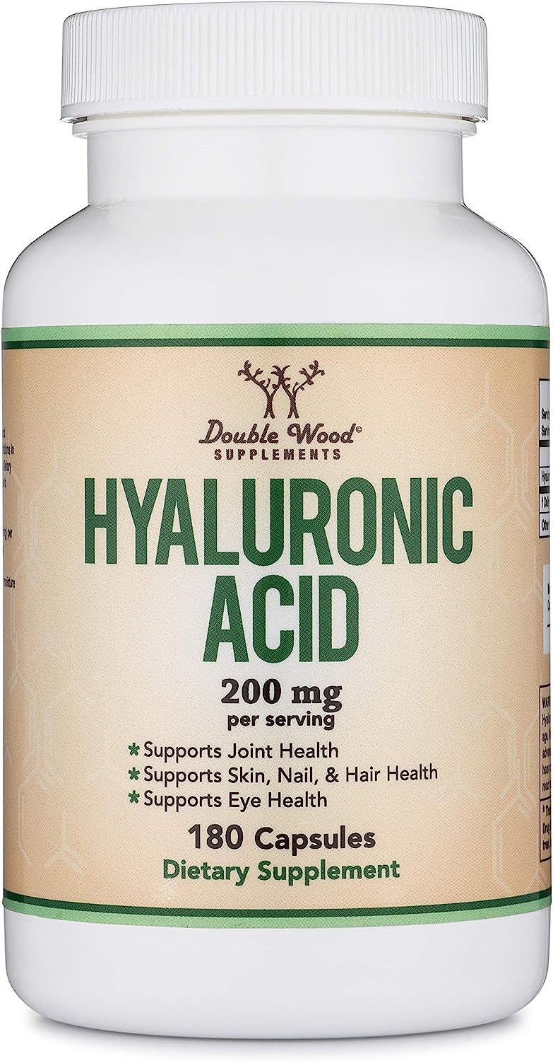 Hyaluronic Acid Supplement -180 Capsules (Enhances Effects of Hyaluronic Acid Serum for Face) 200mg Per Serving for Skin and Face Aging Support by Double Wood Supplements (Acido Hialuronico)