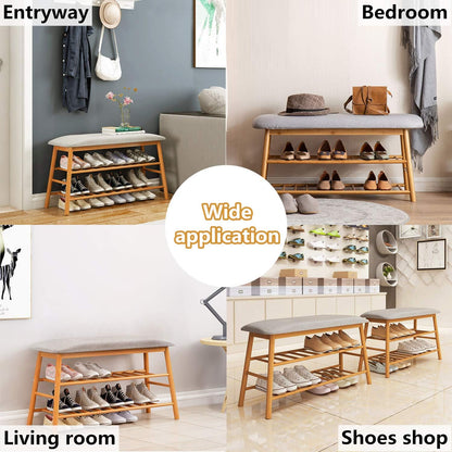 Cestbella Bamboo Shoes Bench Seat Shoe Rack Storage Stool 2 Tier with Hidden Storage Compartment for Entryway Hallway Bedroom Living Room Shoes Shop 91 * 27 * 44cm