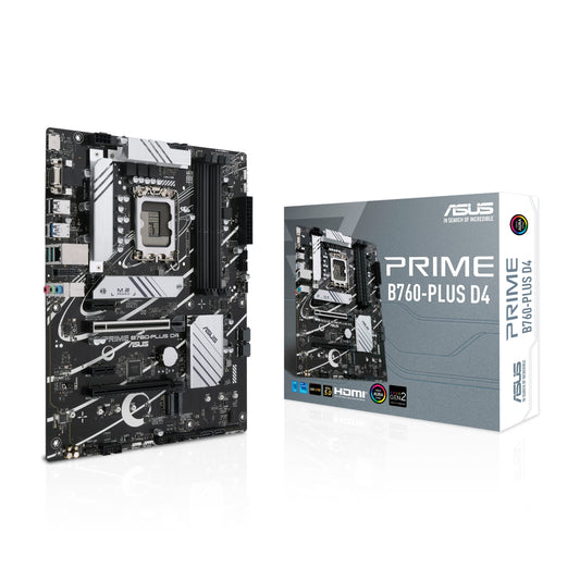 ASUS PRIME B760-PLUS D4 ATX Motherboard, LGA1700, Intel B760 Chipset, 4xDDR4 Slot, Max 128GB, PCle 5.0, 2.5Gb Ethernet, Fan Xpert 2+, Aura Sync, DP/VGA/HDMI