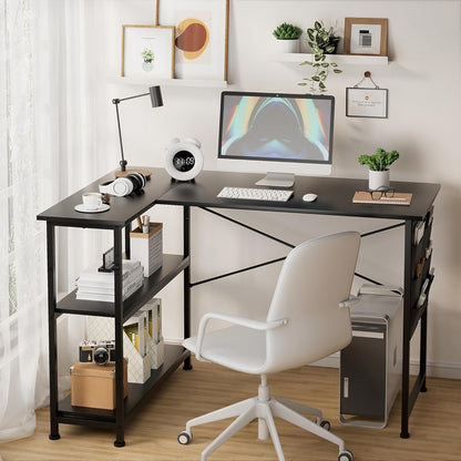 WWI Gaming Desk Office Desk 110cm Computer Desk Study Table Reversible Desk Table with Height-adjustable Shelves to Study and Play (black)