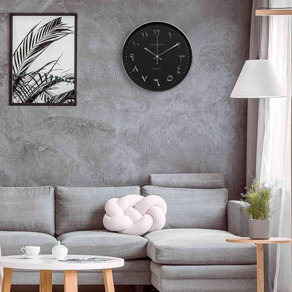 R&M ORIENT 30cm Arabic Wall Clock Round with creeping hands without ticking noise, silent quartz movement, easy to read, large wall clock for living room, office, kitchen, restaurant (Silver/Black)