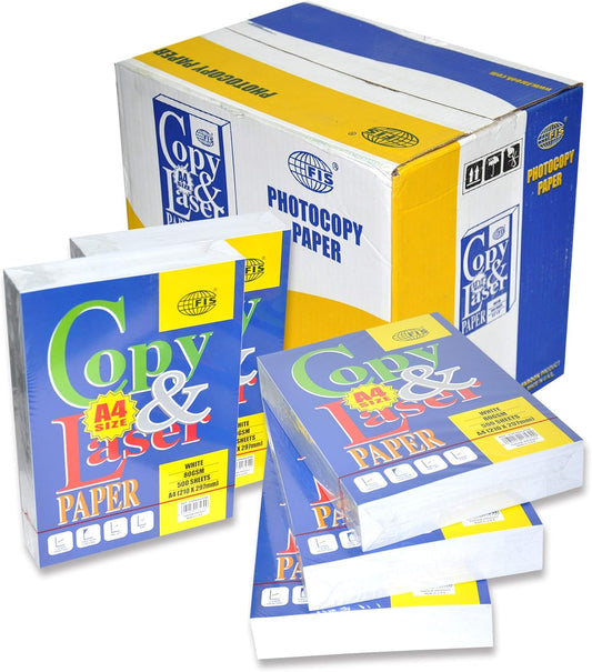 FIS Copy & Laser Photocopy Paper Ream(500 Sheets), A4 Size, 80 GSM, White Color- Box of 5 Pieces - FSPWA4JFNE