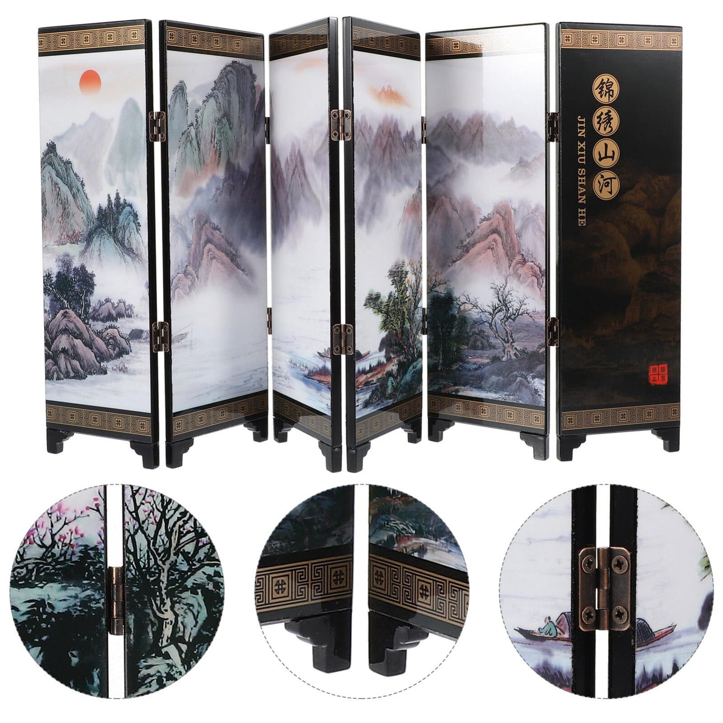 Alipis Mini Folding Screen 5 Panel Divider Antique Chinese Lacquerware Small Desktop Folding Screen for Home Office Decoration