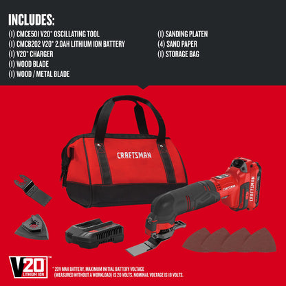 CRAFTSMAN V20 Cordless Multi-Tool, Oscillating Tool Kit, Blades, Sand Paper, Battery and Charger Included (CMCE501D1)