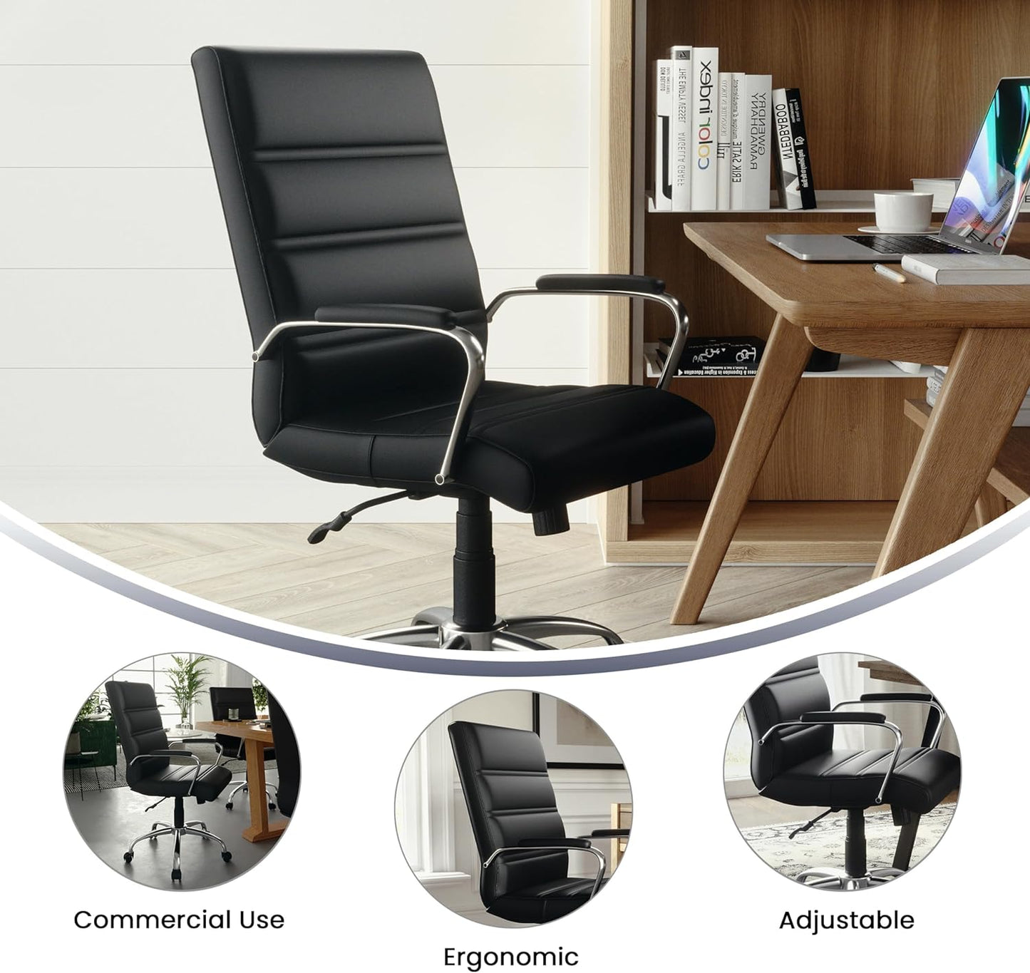 Flash Furniture Executive Office Chair, Ergonomic Contoured And Height Adjustable Leather Seat, Chrome Arms Tilt Lock Lever, White