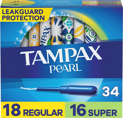 Tampax Pearl Absorbency with Leak Guard Braid Duo Unscented Tampons, Regular/Super, 34 Count