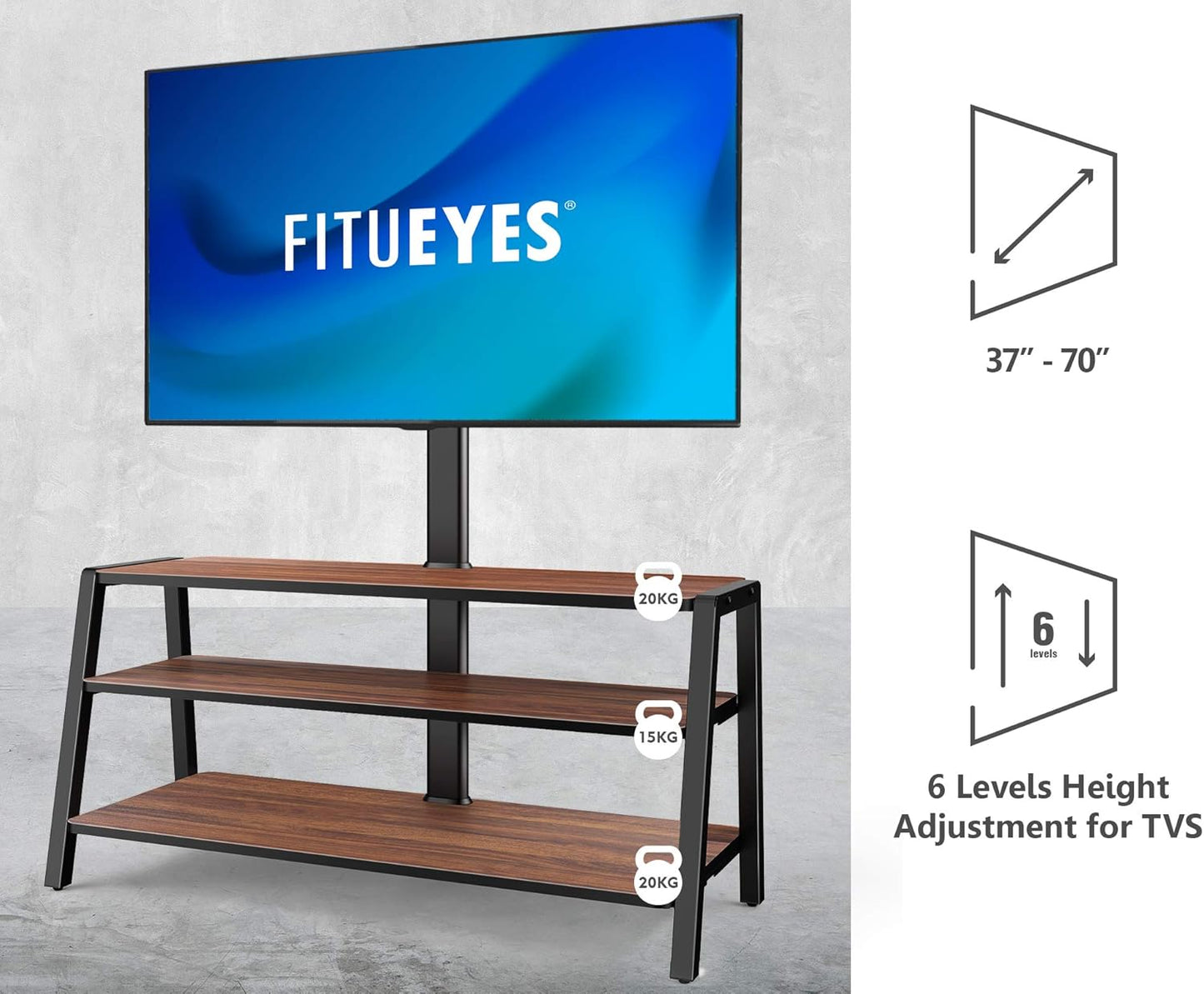 FITUEYES TV Stand Table Furniture with Mount for 37-70 Inch TV, TV Storage Cabinet with 3 Tier Wooden Shelves & Height Adjustable Max VESA 600x400 mm