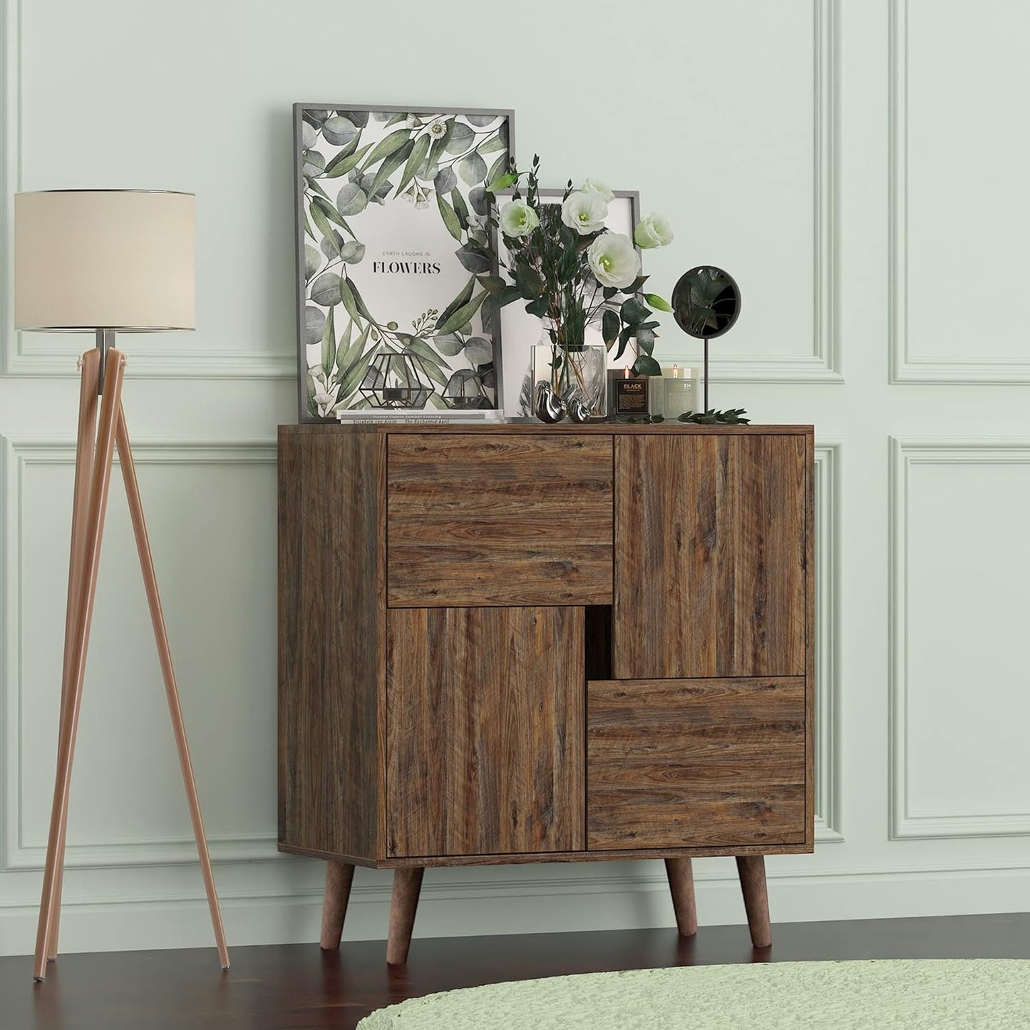 IULULU Sideboard Buffet Cabinet with Two Doors and Four Storage Spaces Cupboard Console Table for Living, Dining Room, Hallway, Kitchen, 29.92 x 15.75 x 31.1 inch, Rustic Brown