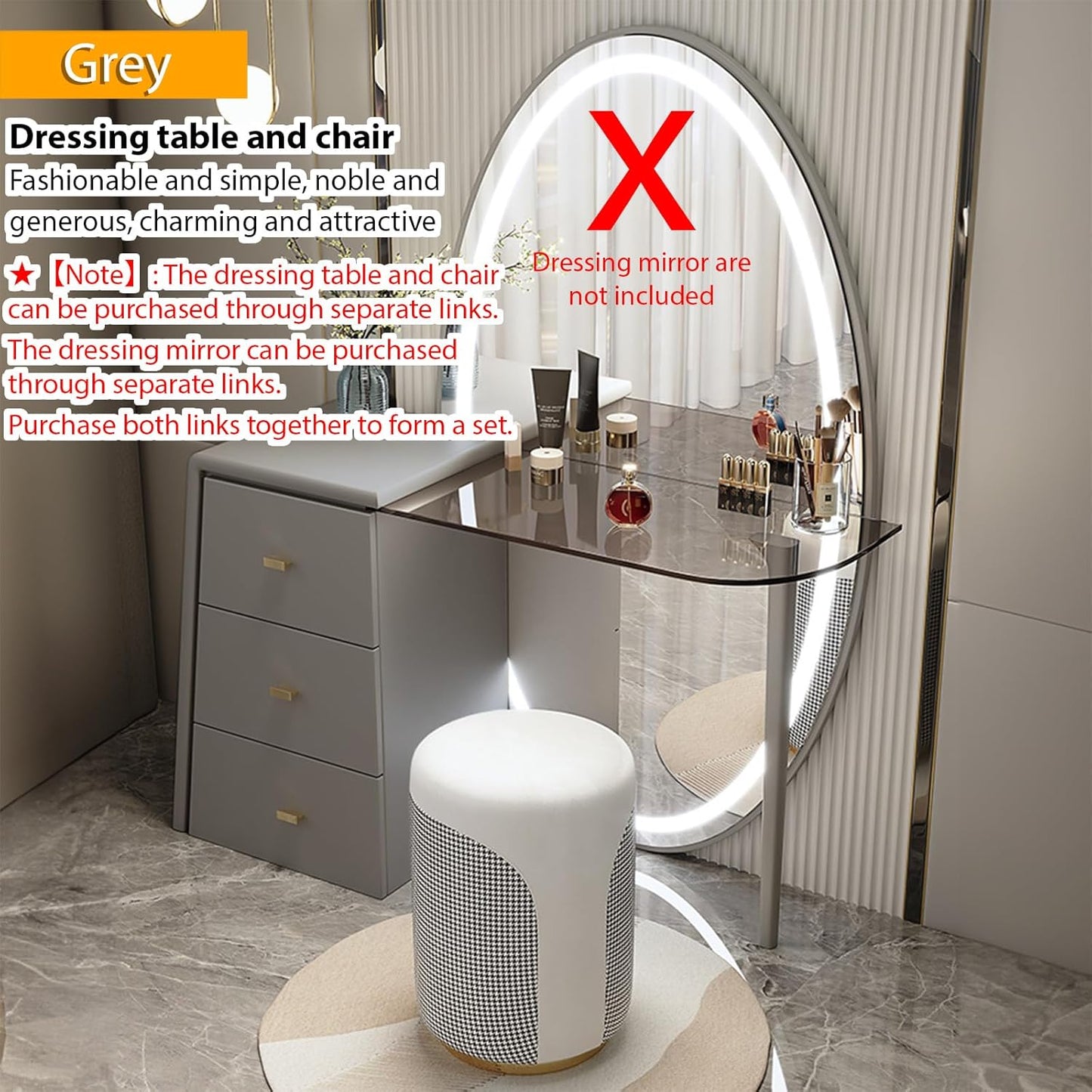 Generic Dressing table with 3 drawers, makeup mirror with LED lighting, Integrated floor-to-ceiling mirror-Grey-120 * 40cm【Dressing table + benches】