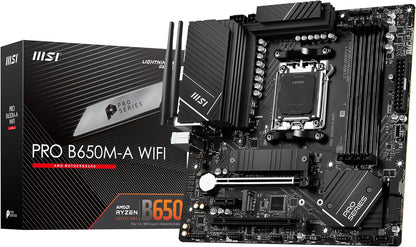 MSI PRO B650M-A WIFI AM5 Micro-ATX Motherboard, AMD B650 Chipset, 4 x 2-Channel DDR5 Slots, 128GB Max Memory, Wi-Fi 6E, 2x PCI-E x16, 2x M.2, 1x HDMI, 1x DP