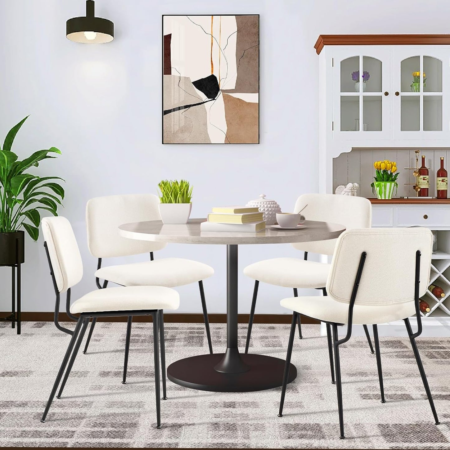 COLAMY Modern Upholstered Dining Chairs Set of 6, Fabric Dining Room Chairs Accent Diner Chair Stylish Kitchen Chairs with Solid Metal Legs and Curved Back, Cream