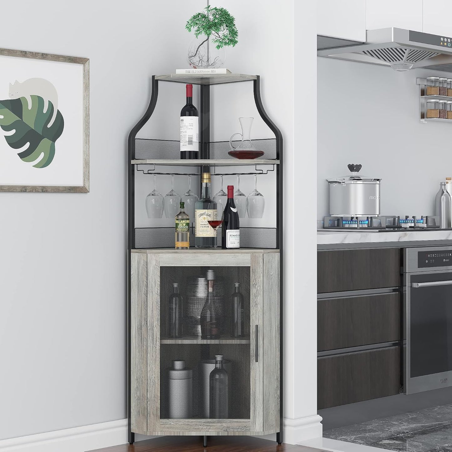 IDEALHOUSE Corner Wine Bar Cabinet with Detachable Wine Rack, Bar Cabinet with Glass Holder, Small Sideboard and Buffet Cabinet with Mesh Door (Grey)