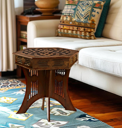 COTTON CRAFT Solid Wood Accent End Table - Hand Carved Vintage Boho Folding Side Table - Small Spaces Entryway Farmhouse Living Room Bedside - No Tools Assembly -18x18 Round - Jaipur Antique Brown