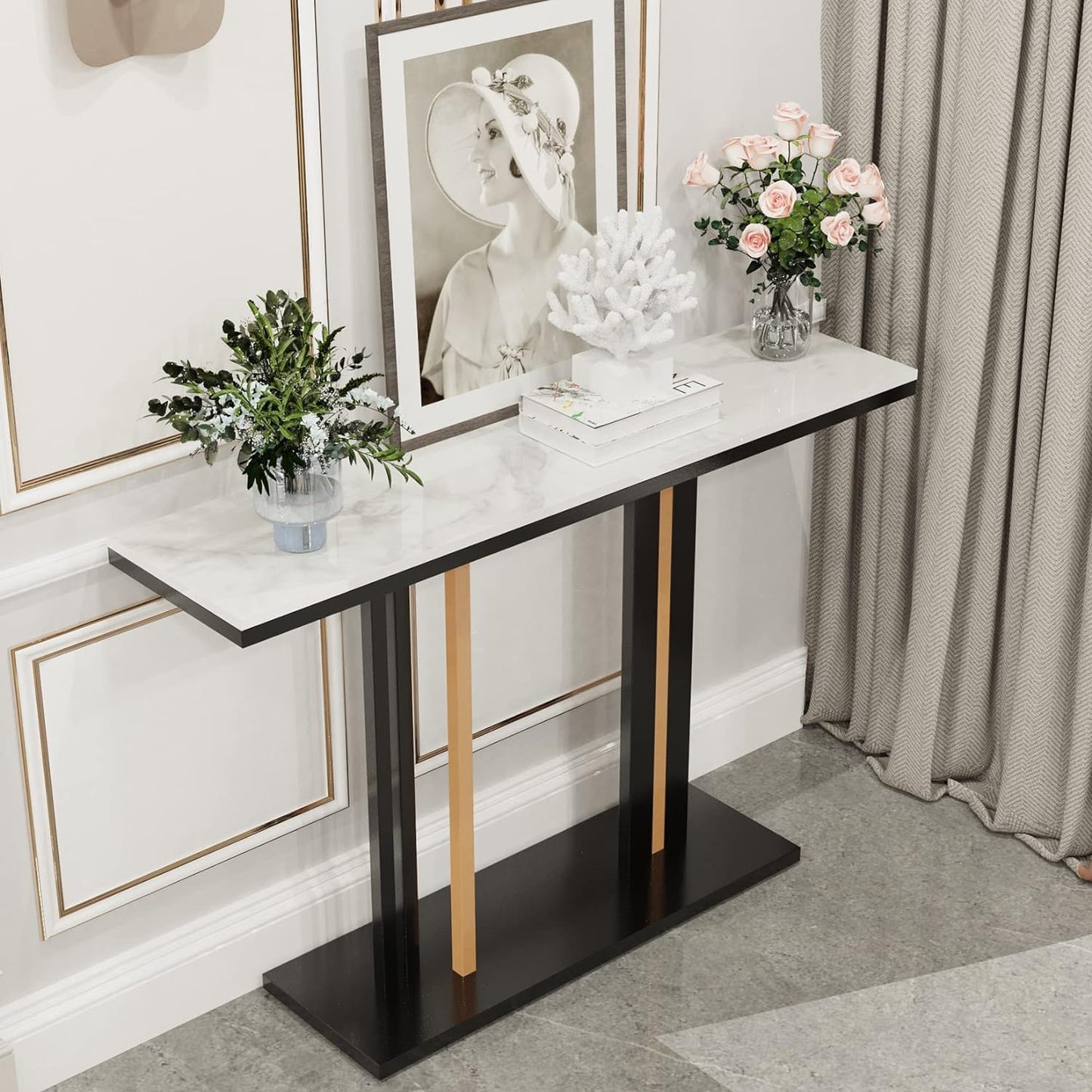 Wisfor Marble Console Table Hallway: 120x30x78 CM White Sintered Stone Entryway Console Table with Black and Gold Geometric Line Pedestal for Foyer, Living Room, Sofa Side Table