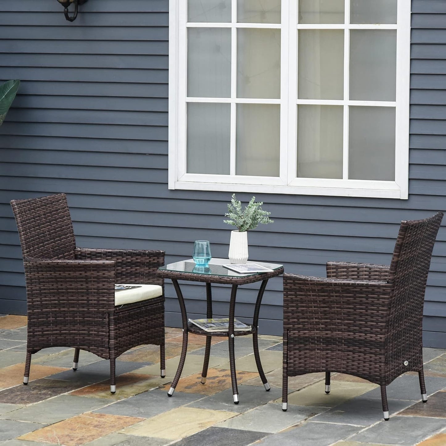 Outsunny Garden Outdoor Rattan Furniture Bistro Set 3 PCs Patio Weave Companion Chair Table Set Conservatory (Brown)