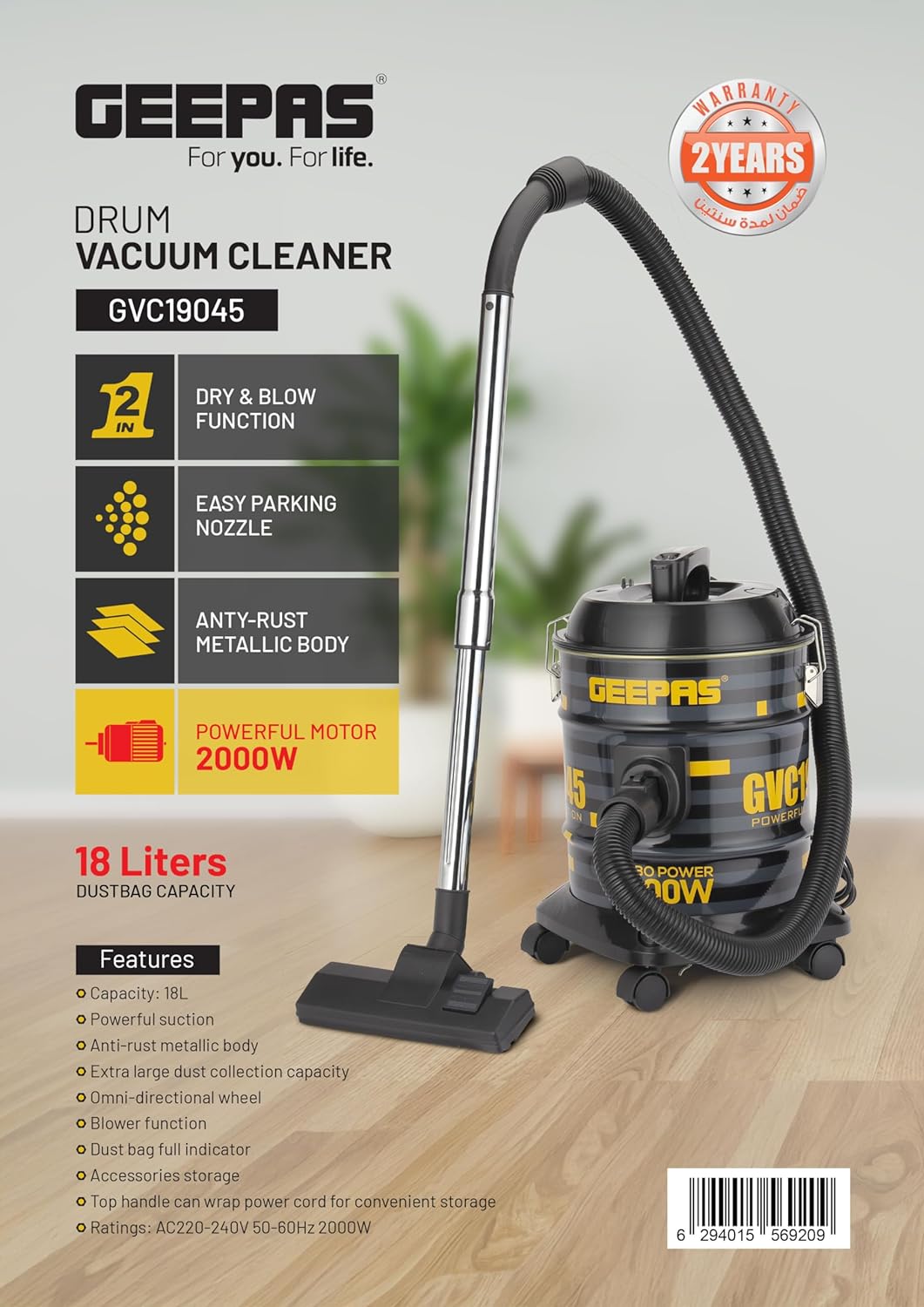 Geepas 2000W 2-in-1 Blow and Wet & Dry Vacuum Cleaner GVC19045 | Powerful Copper Motor | 18L Capacity | Stainless Steel Drum Tank | Dust Full Indicator | 2-Year Warranty