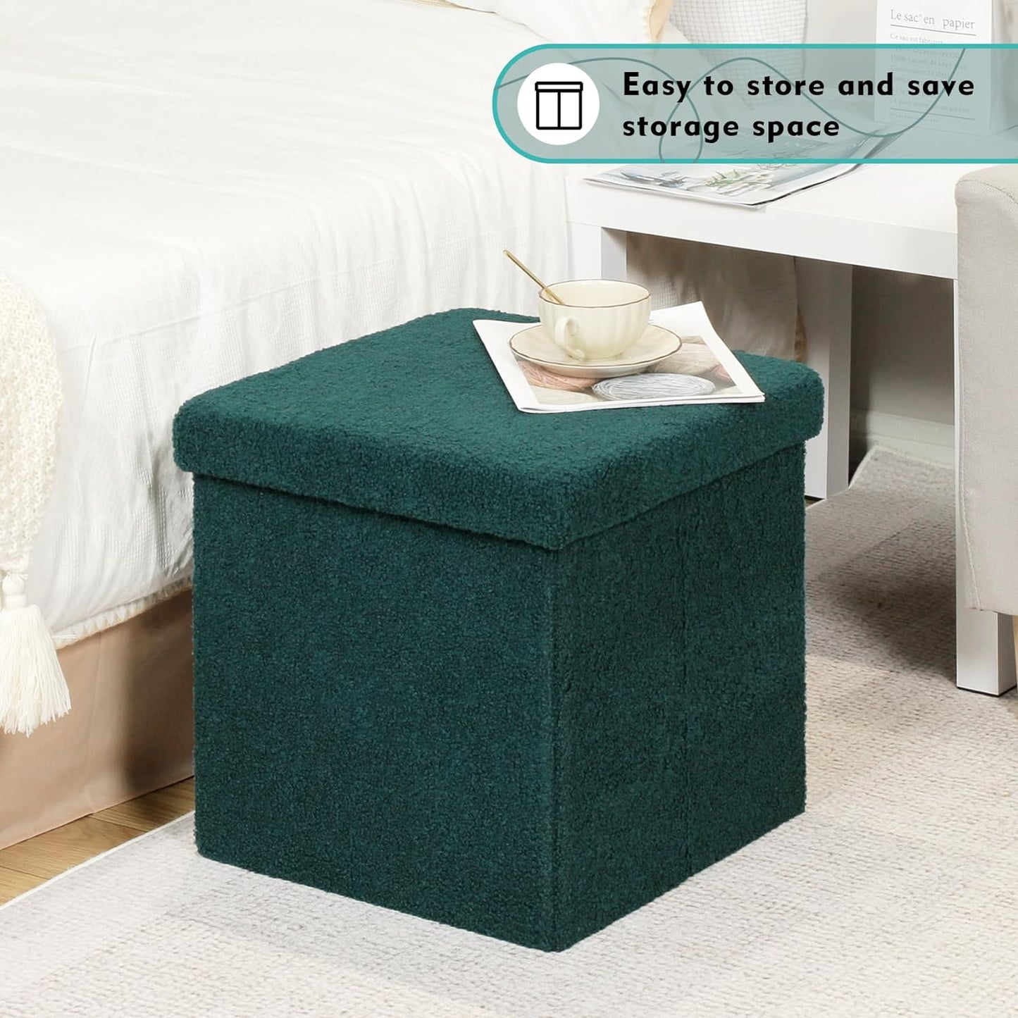 PINPLUS Storage Ottoman Foot Rest Stool, White Folding Sherpa Ottoman, Ottoman with Storage, Teddy Velvet Ottoman for Living Room, Bedroom, Dorm, 16.5" x 12.6" x 12.6"