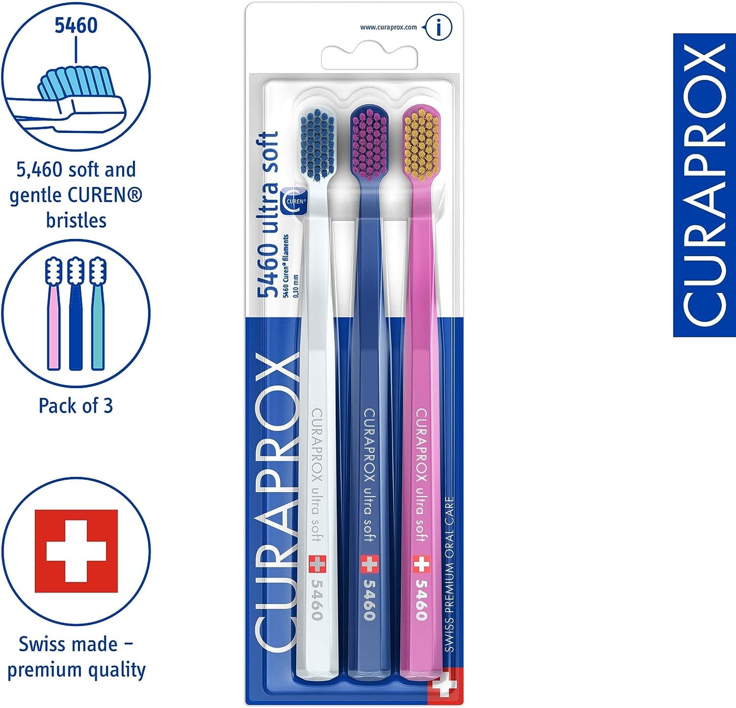 Curaprox Toothbrush CS 5460 Ultra-Soft, 3 Pack - Ultra Soft Toothbrush for adults with 5460 CUREN Bristles - Curaprox Manual Toothbrush