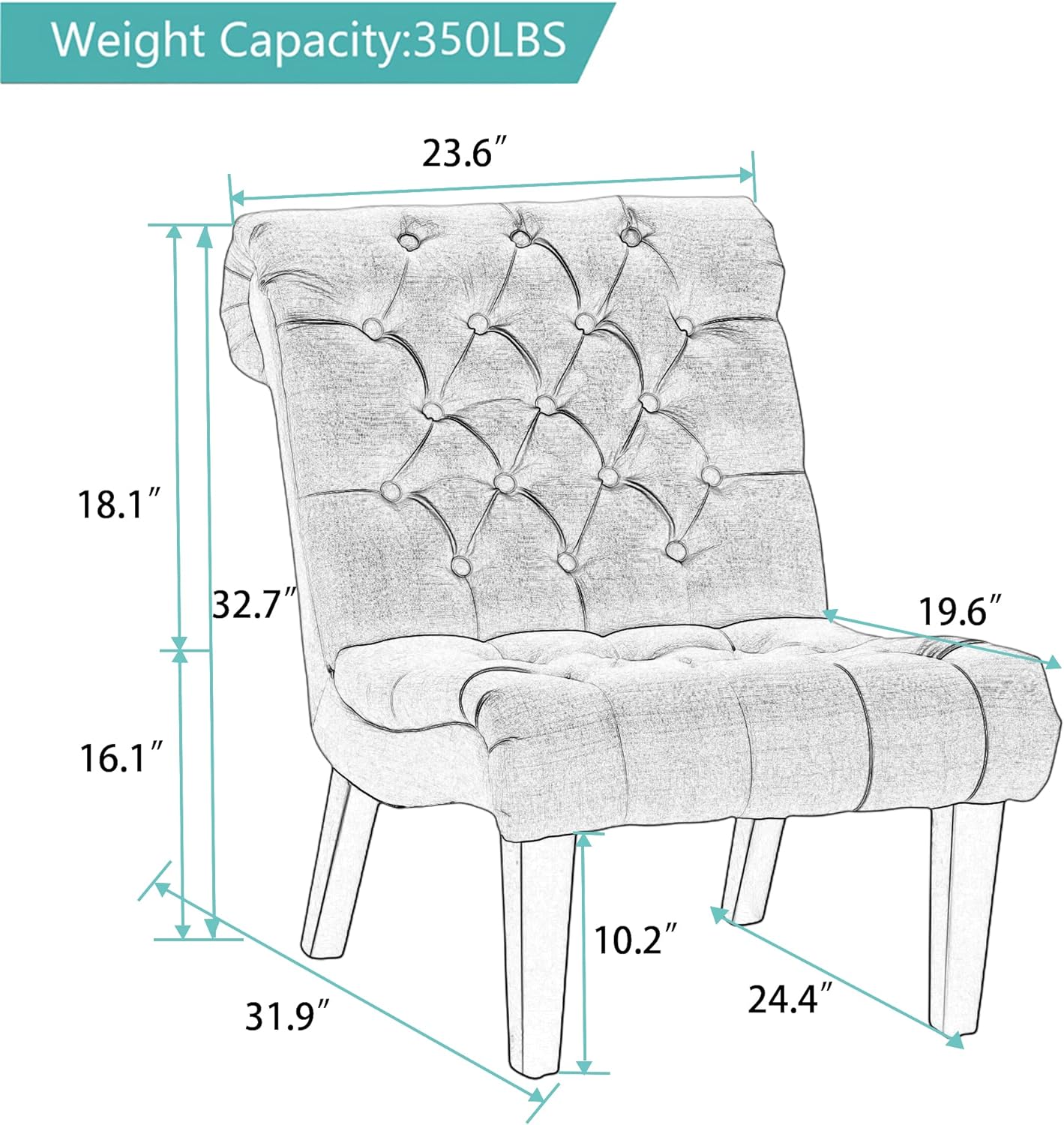 Alunaune Bedroom Chairs Armless Accent Lounge Chair Upholstered Tufted Sofa Backrest Fabric Recliner Living Room Chairs with Wood Legs-Khaki