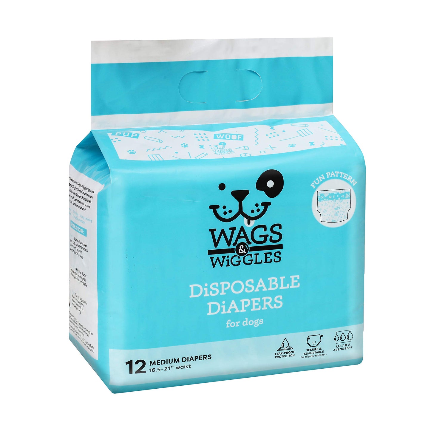 Wags & Wiggles Female Dog Diapers | Doggie Diapers for Female Dogs | Medium Dog Diapers, 16.5"-21" Waist - 12 Pack