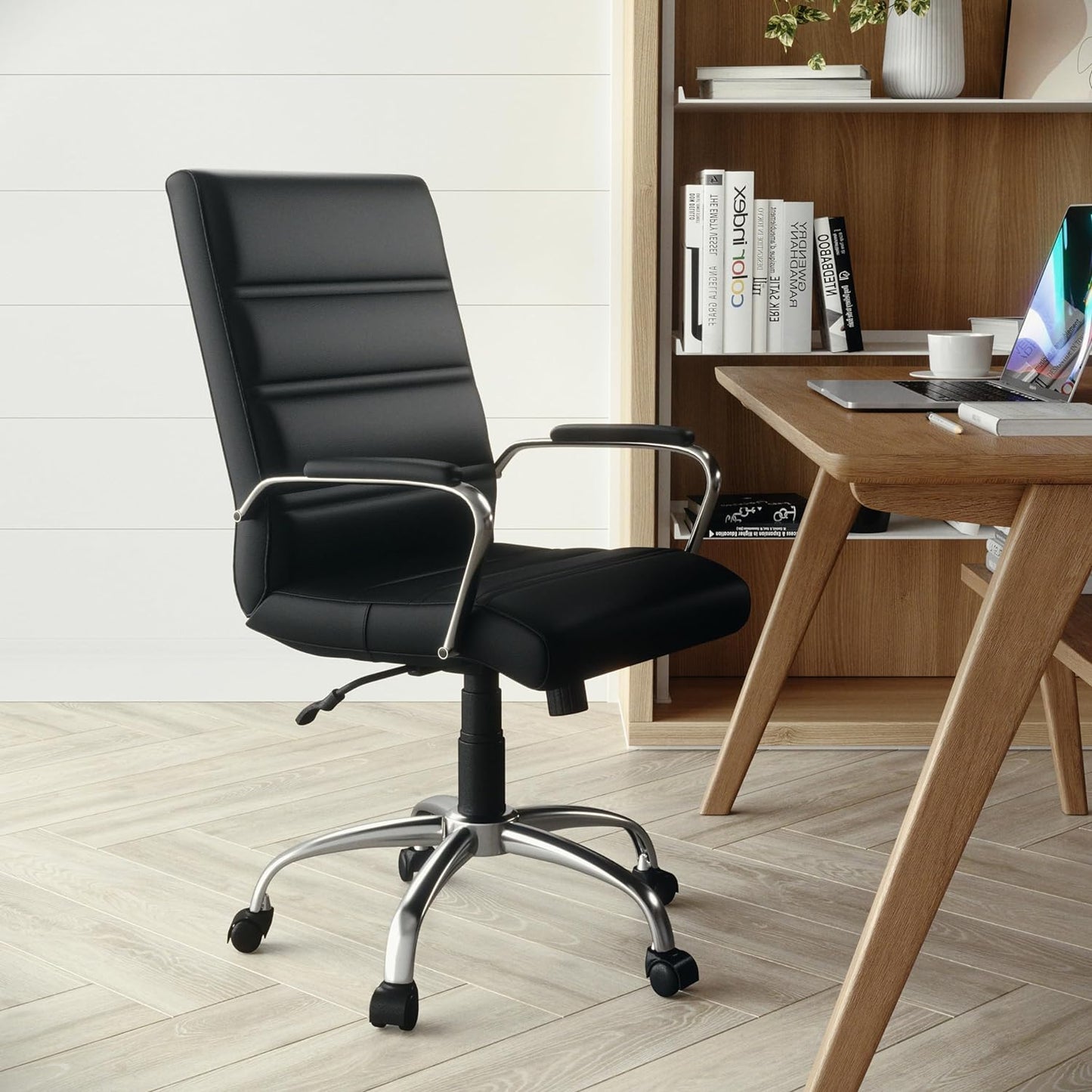 Flash Furniture Executive Office Chair, Ergonomic Contoured And Height Adjustable Leather Seat, Chrome Arms Tilt Lock Lever, White