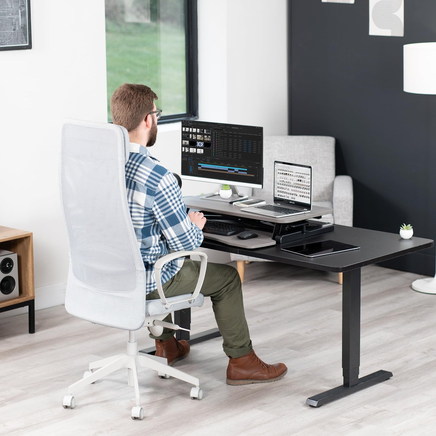 VIVO 32 inch Desk Converter, K Series, Height Adjustable Sit to Stand Riser, Dual Monitor and Laptop Workstation with Wide Keyboard Tray, Gray Top, Black Frame, DESK-V000KG