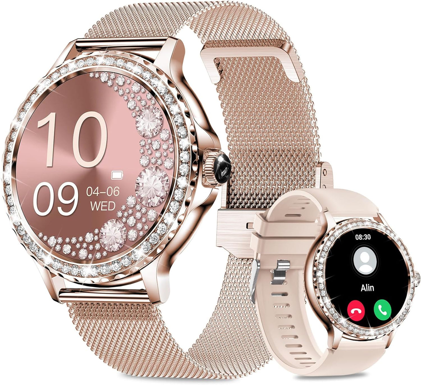 Efolen Smart Watches for Women with Diamonds (Answer/Make Call), 1.3'' Bluetooth Smartwatch for Android iOS, Waterproof Fitness Watch with Heart Rate/SpO2/Sleep/BP/AI Voice (Rose Gold)