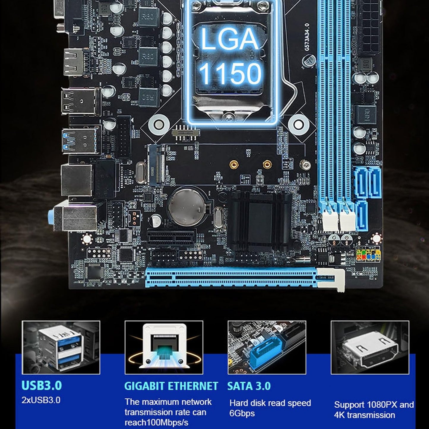 LGA 1150 Motherboard, Dual Channel DDR3 M.2 NVMe NGFF SATA, Mini Itx Motherboard, 6Gb/s PCIe Slot LGA 1150 Micro ATX PC Motherboard for Core