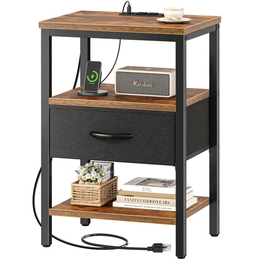 Koeay Nightstand with Charging Station, Bed Side Table with Adjustable Fabric Drawer, Night Stand for Bedroom, 3-Tier Storage End Table, for Living Room, Rustic Brown and Black (1 Drawer)