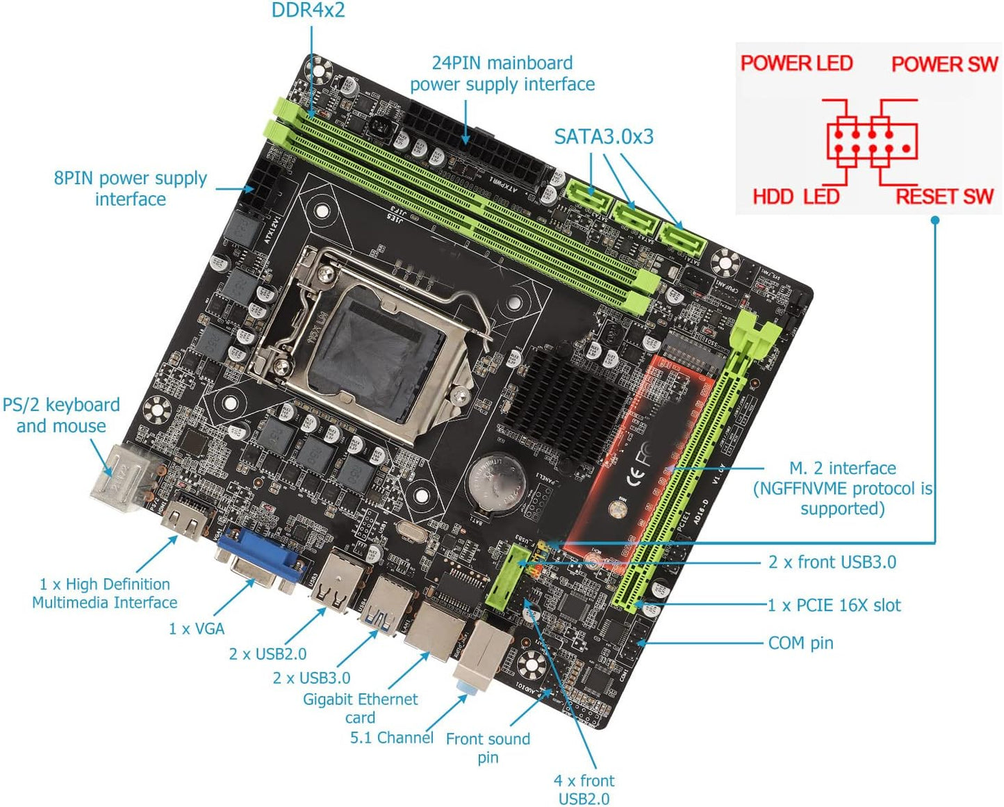 H310B Motherboard LGA 1151, DDR4 Memory Computer Motherboard with HDMI, VGA, M.2, Integrated Gigabit Network Card, M ATX Motherboard with SATA3.0, USB3.0