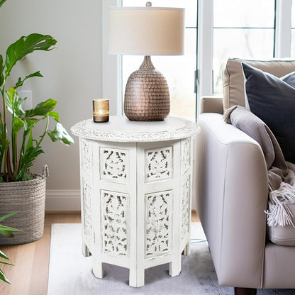 COTTON CRAFT Solid Wood Accent End Table - Hand Carved Vintage Boho Folding Side Table - Small Spaces Entryway Farmhouse Living Room Bedside - No Tools Assembly -18x18 Round - Jaipur Antique Brown