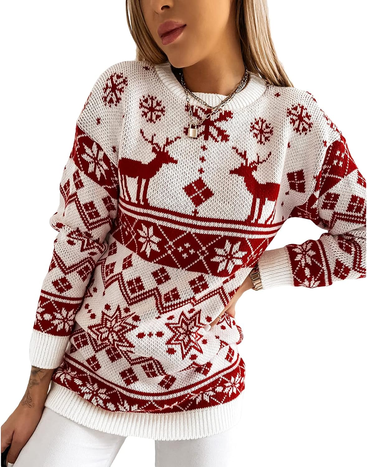 Women Sweater Christmas Oversized Pullover Sweaters Reindeer Snowflake Graphic Long Sleeve Crew Neck Knit Tops