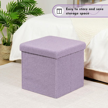 PINPLUS Storage Ottoman Foot Rest Stool, White Folding Sherpa Ottoman, Ottoman with Storage, Teddy Velvet Ottoman for Living Room, Bedroom, Dorm, 16.5" x 12.6" x 12.6"