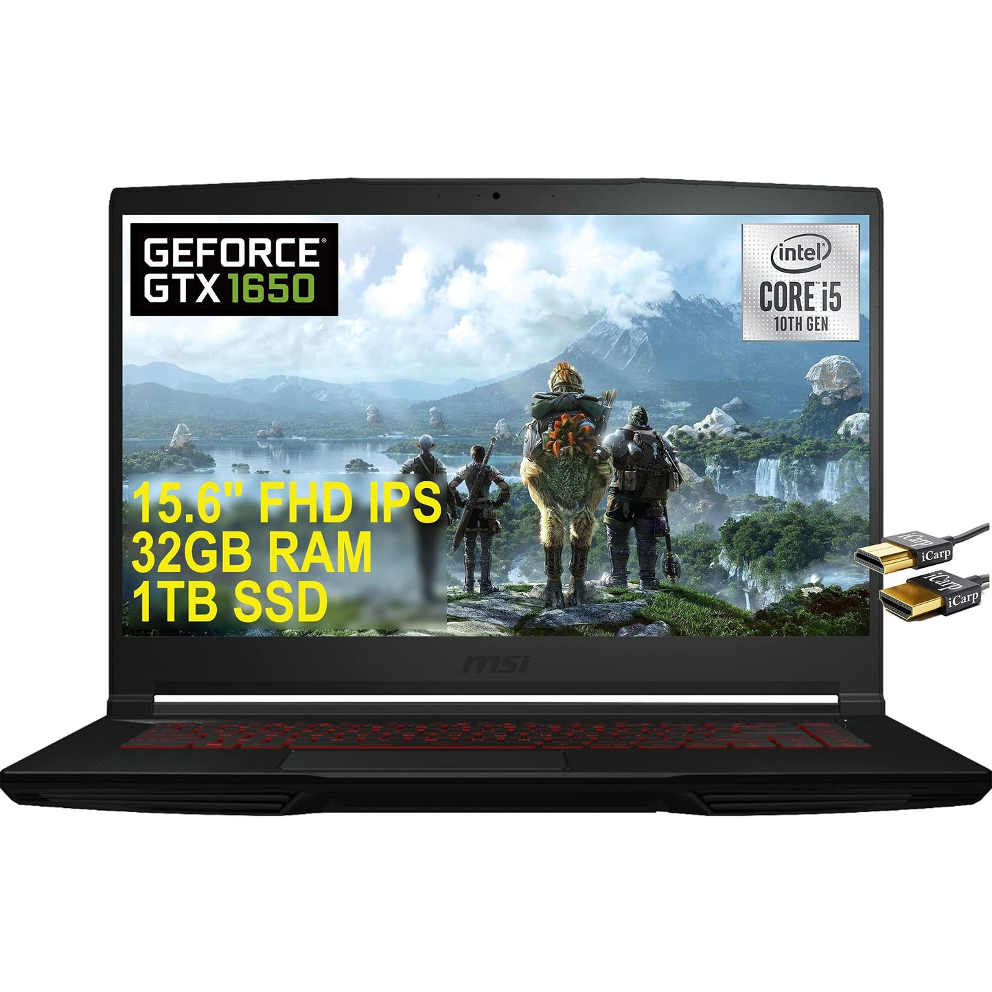 MSI Flagship GF63 Thin Gaming 15 Laptop 15.6" FHD IPS Display 10th Gen Intel Quad-Core i5-10300H (Beats i7-8750H) 8GB RAM 512GB SSD GeForce GTX 1650 4GB Backlit Win10 + HDMI Cable - CaveHubs