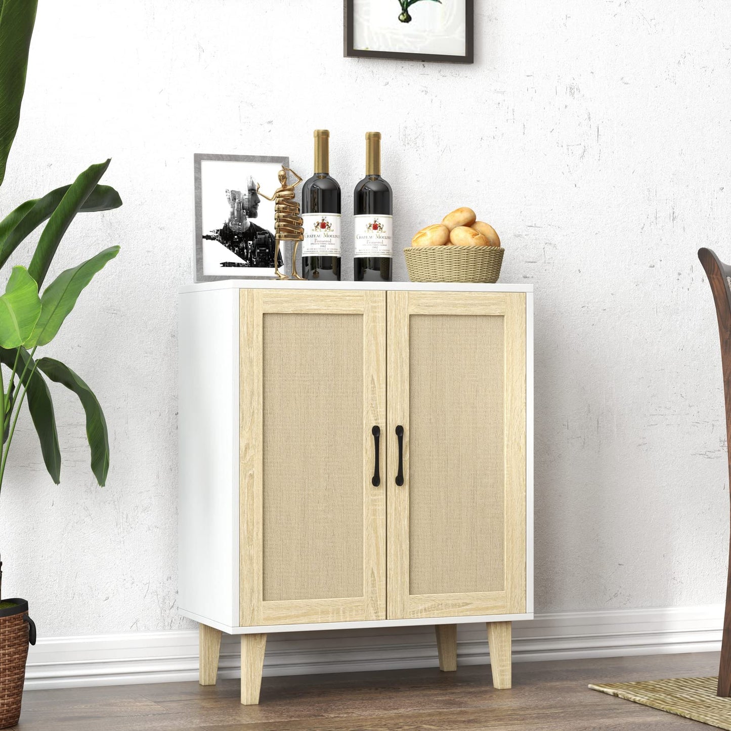 Panana Buffet Cabinet Sideboard with Rattan Decorated Doors Kitchen Storage Cupboard Accent Cabinet (White)