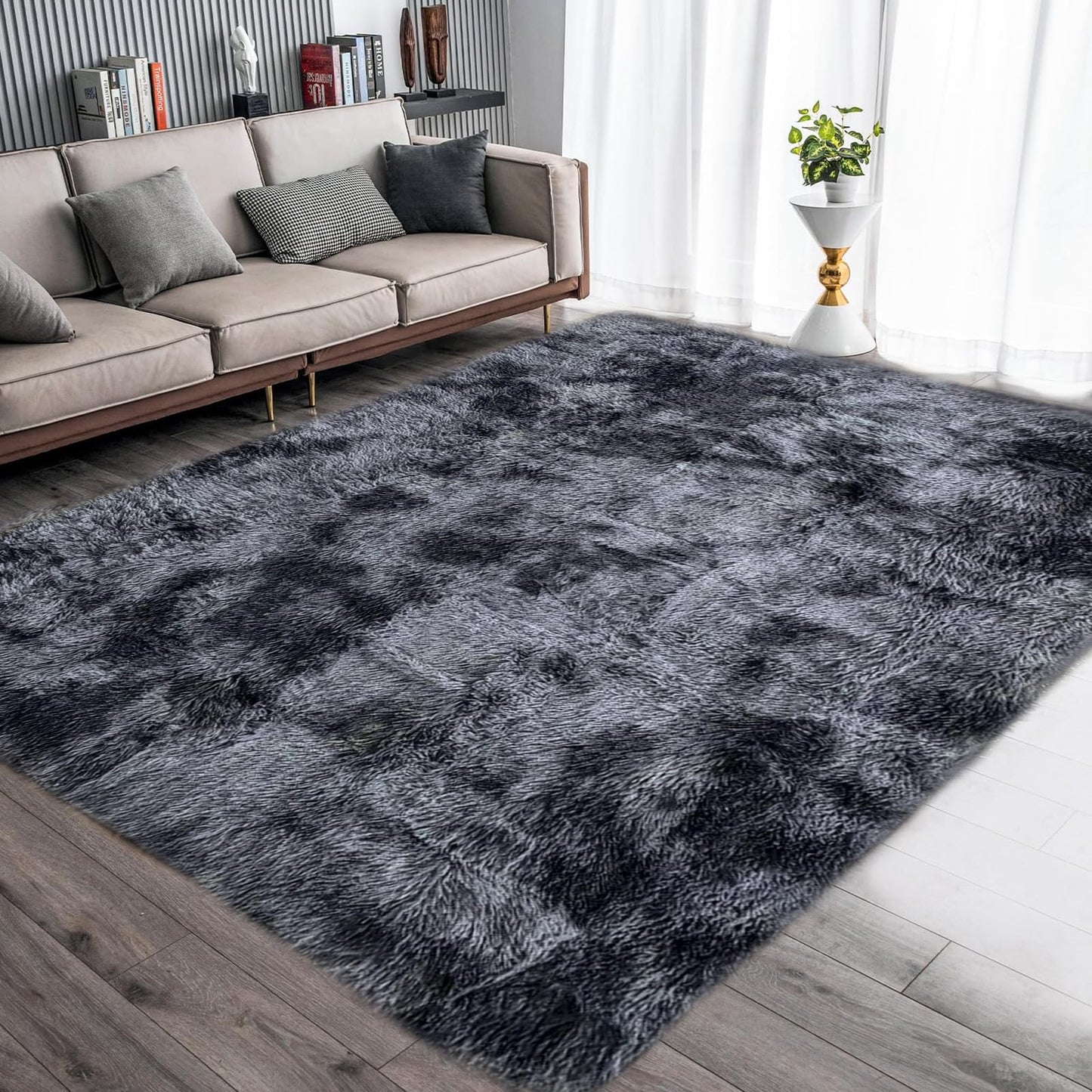 Tinyboy-hbq Area Rugs Shaggy Carpet for Living Room Bedroom Large Fluffy Carpet Modern Non-Slip Mat Multisize Rug Indoor Home Decor (Gray White, 80 x 120 cm)