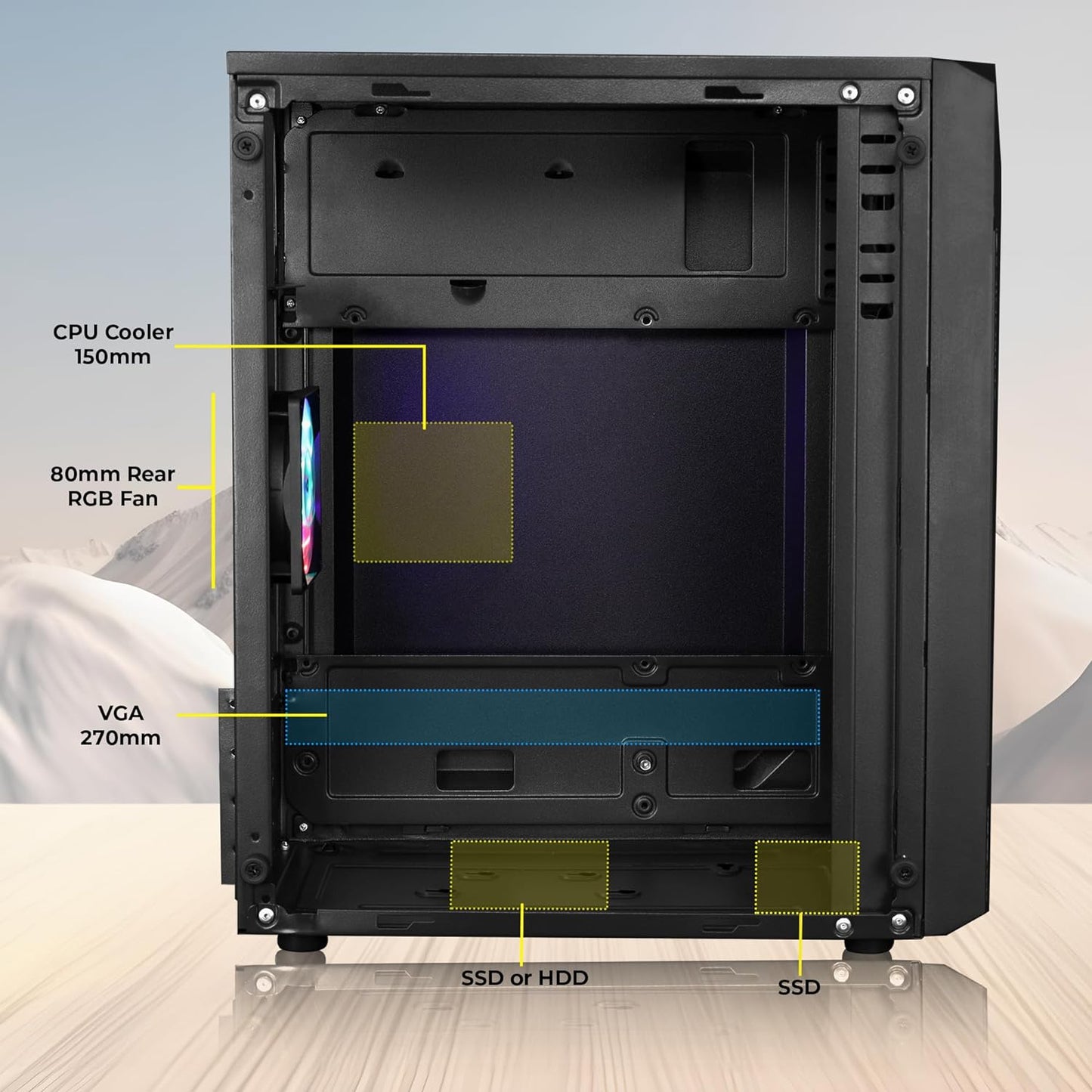 ZEBRONICS ZIUM Mid-Tower Gaming Cabinet, M-ATX/M-ITX, Fins focussed Multicolor Rear Fan, Multi Color LED Strip, Acrylic Glass Side Panel, USB 3.0, USB 2.0