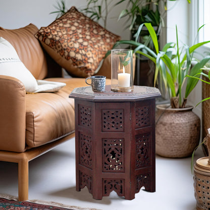 COTTON CRAFT Solid Wood Accent End Table - Hand Carved Vintage Boho Folding Side Table - Small Spaces Entryway Farmhouse Living Room Bedside - No Tools Assembly -18x18 Round - Jaipur Antique Brown