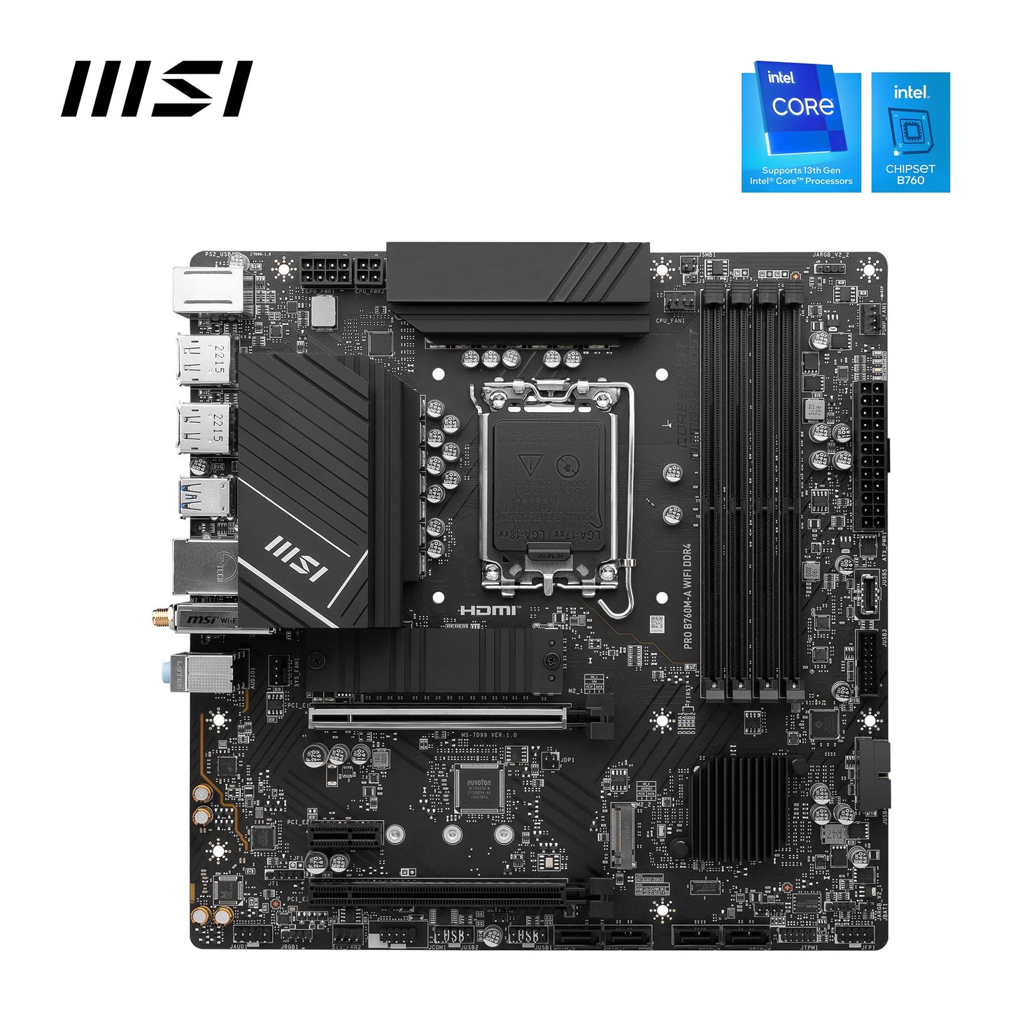 MSI PRO B760-P WIFI DDR4 Motherboard, ATX - Supports Intel 12th & 13th Gen Core Processors, LGA 1700 - DDR4 Memory Boost 5333+MHz/OC, PCIe 4.0 x16 Slots, M.2 Gen4 Slots, 2.5G LAN, Wi-Fi 6E