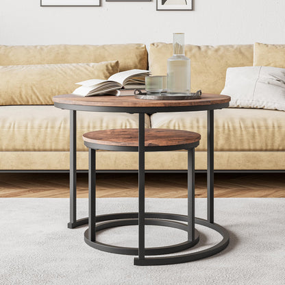 HOJINLINERO Nesting Round Coffee Table Set of 2 End Tables for Living Room,Grey Coffee Table Wooden Accent Furniture with Metal Frame,Stacking Side Tables,Black+Warm Grey