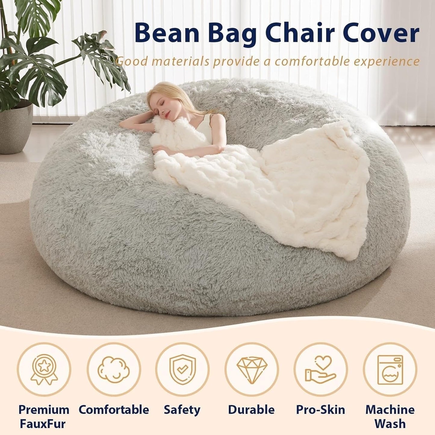 EKWQ Bean Bag,Big Huge Giant Bean Bag Chair for Adults, (No Filler) Bean Bag Chair for Adults Kids Comfy Fluffy Giant Round Beanbag Lazy Sofa Cover- Machine Washable Covers, Double Stitched Seams