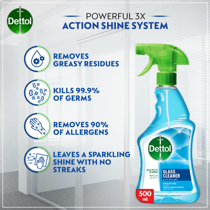 Dettol Sparkling Shine Glass Cleaner, helps remove Greasy Residues, Trigger Spray Bottle, 500ml ( Packaging May Vary)