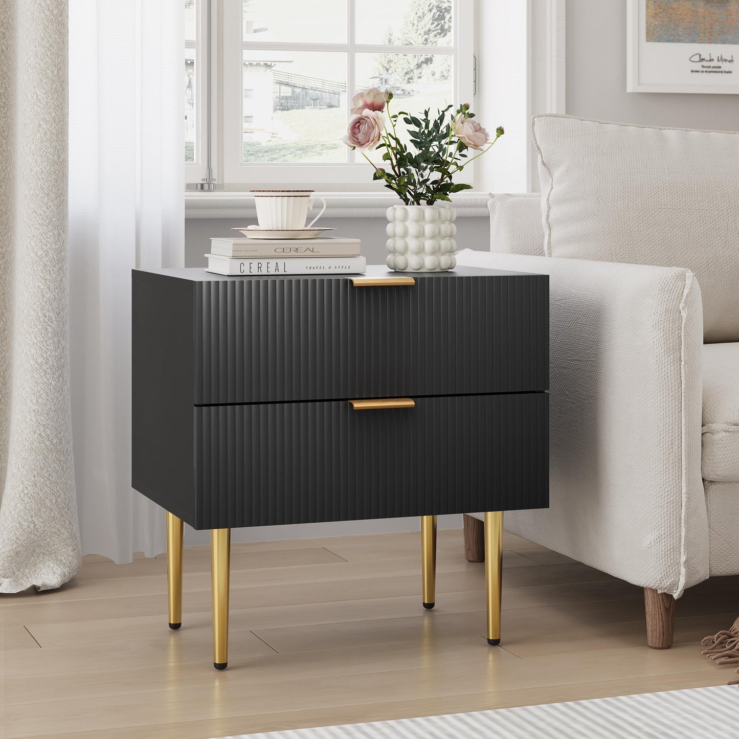 Semiocthome Black Night Stand, Mid Century Modern NightStand with 2 Wave Fluted Panel Drawers, Bedside Table with Gold Metal Legs, Bedroom Set Wide Tabletop Bed Side Table, End Tables for Living Room